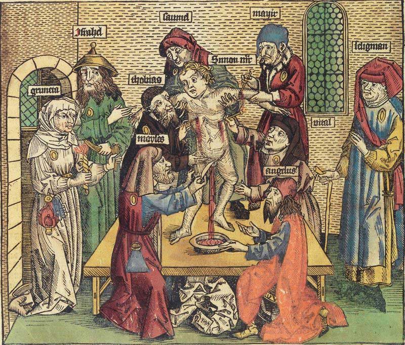 Bild från fjortonhundratalet som sprider myten om ritualmord