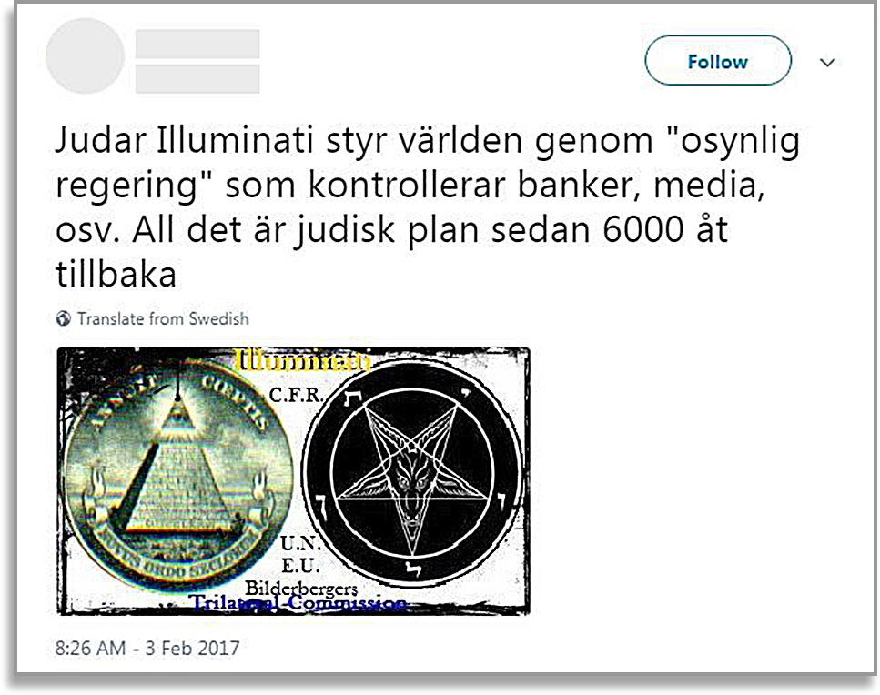 Skärmavbild på antisemitisk tweet med texten: "Judar Illuminati styr världen genom "osynlig regering" som kontrollerar banker, media, osv. All det är judisk plan sedan 6000 år tillbaka."